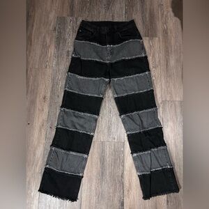 Striped Patchwork Ragged Priest Wide Leg Jeans in Black and Gray
